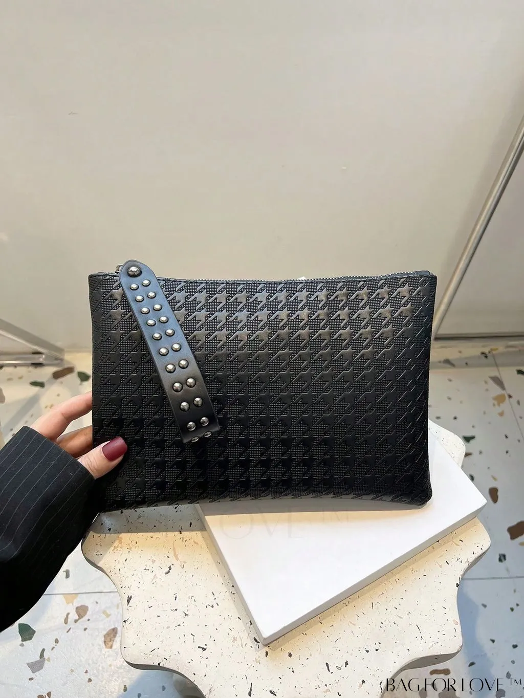 BagForLove - Funky PU Square Bag with Studded Decor, Houndstooth Embossed, Zipper Closure, Wristlet Included