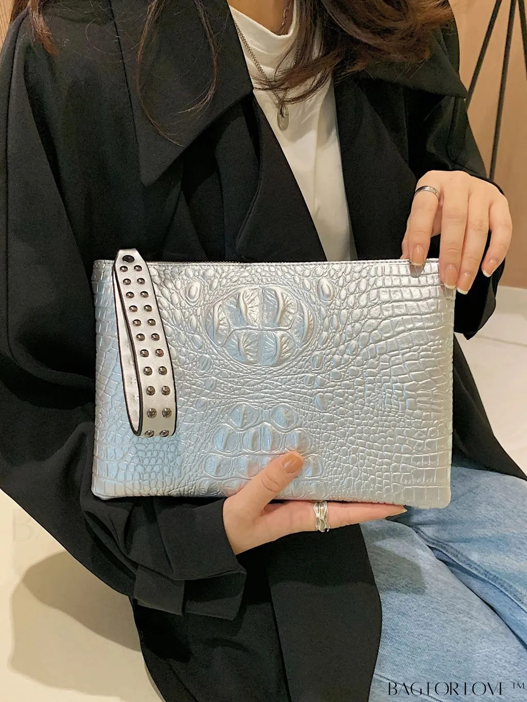 BagForLove - Funky PU Square Bag with Studded Decor, Houndstooth Embossed, Zipper Closure, Wristlet Included
