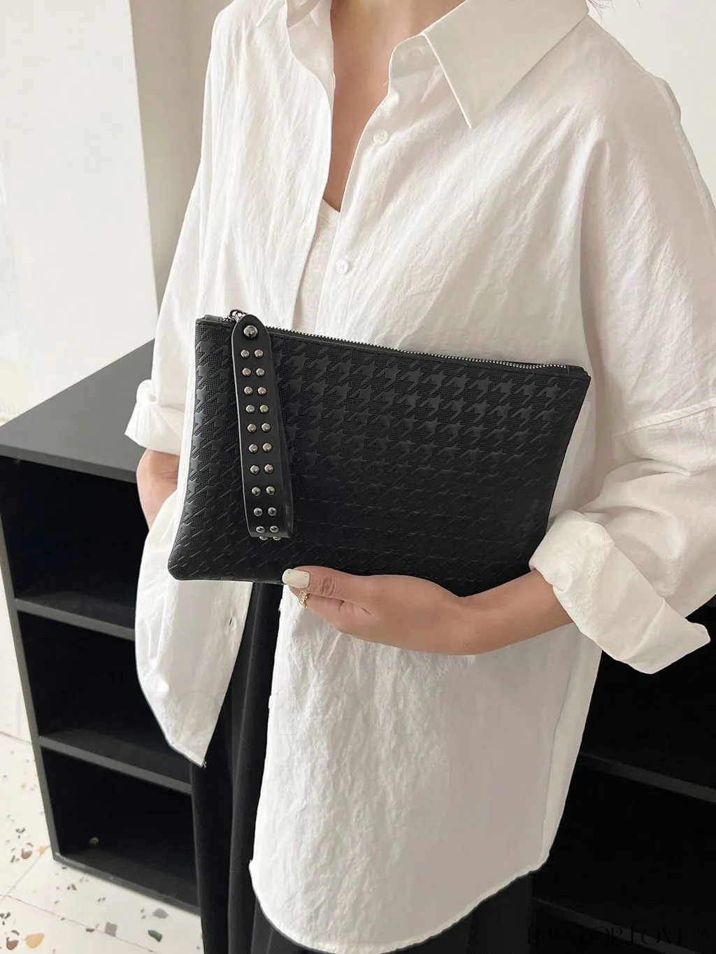 BagForLove - Funky PU Square Bag with Studded Decor, Houndstooth Embossed, Zipper Closure, Wristlet Included