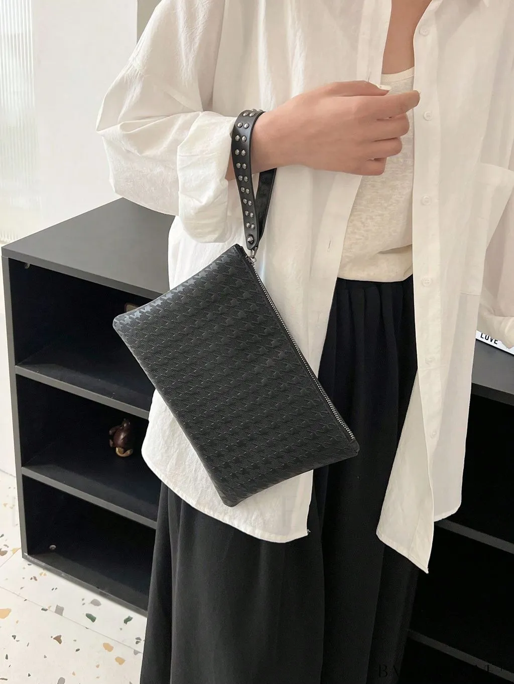 BagForLove - Funky PU Square Bag with Studded Decor, Houndstooth Embossed, Zipper Closure, Wristlet Included