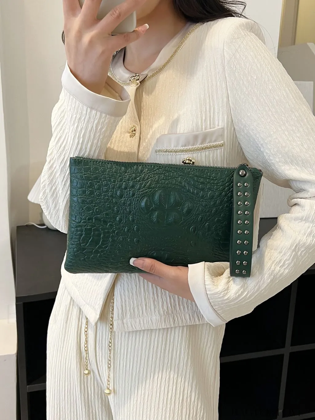 BagForLove - Funky PU Square Bag with Studded Decor, Houndstooth Embossed, Zipper Closure, Wristlet Included