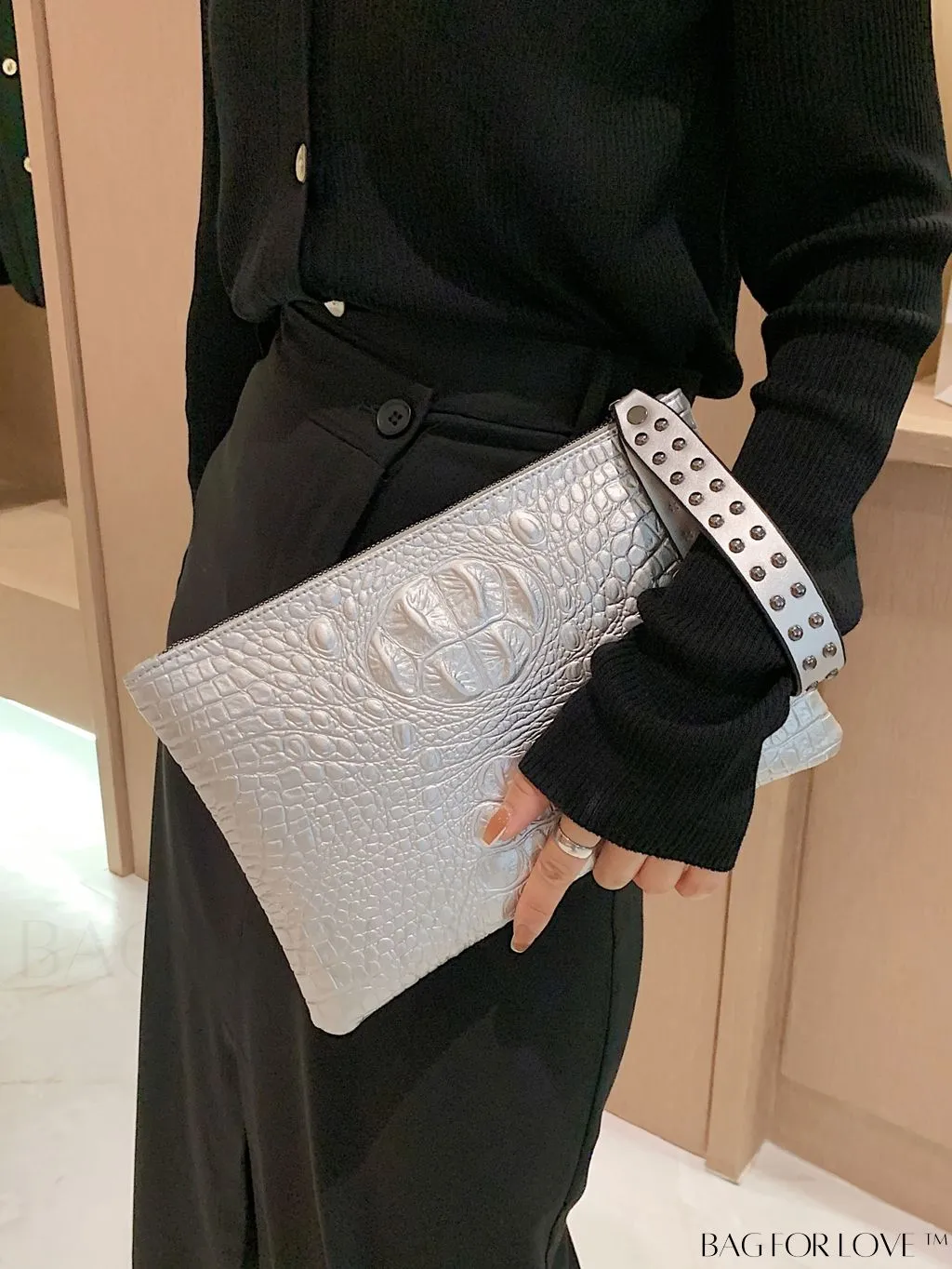 BagForLove - Funky PU Square Bag with Studded Decor, Houndstooth Embossed, Zipper Closure, Wristlet Included