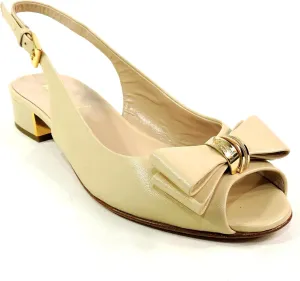 Baldinini Women's Beige Patent Leather Slingback Sandals, Bow Detail, Low Block Heel
