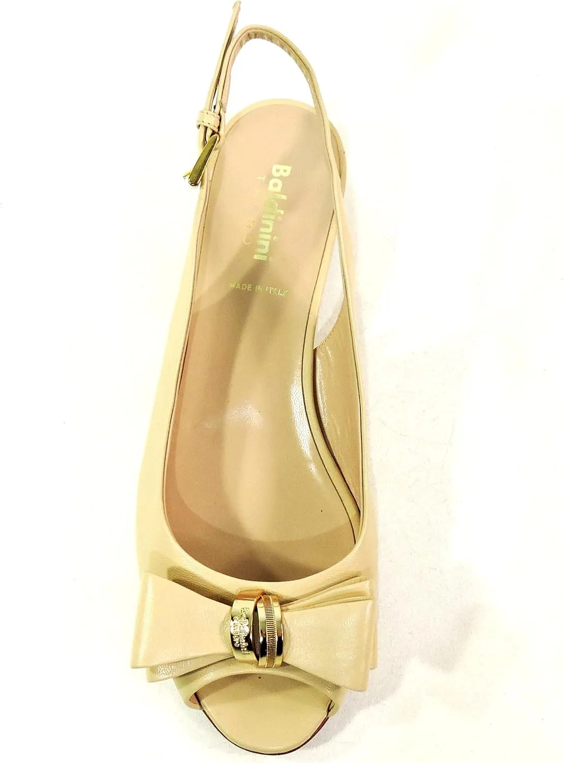 Baldinini Women's Beige Patent Leather Slingback Sandals, Bow Detail, Low Block Heel