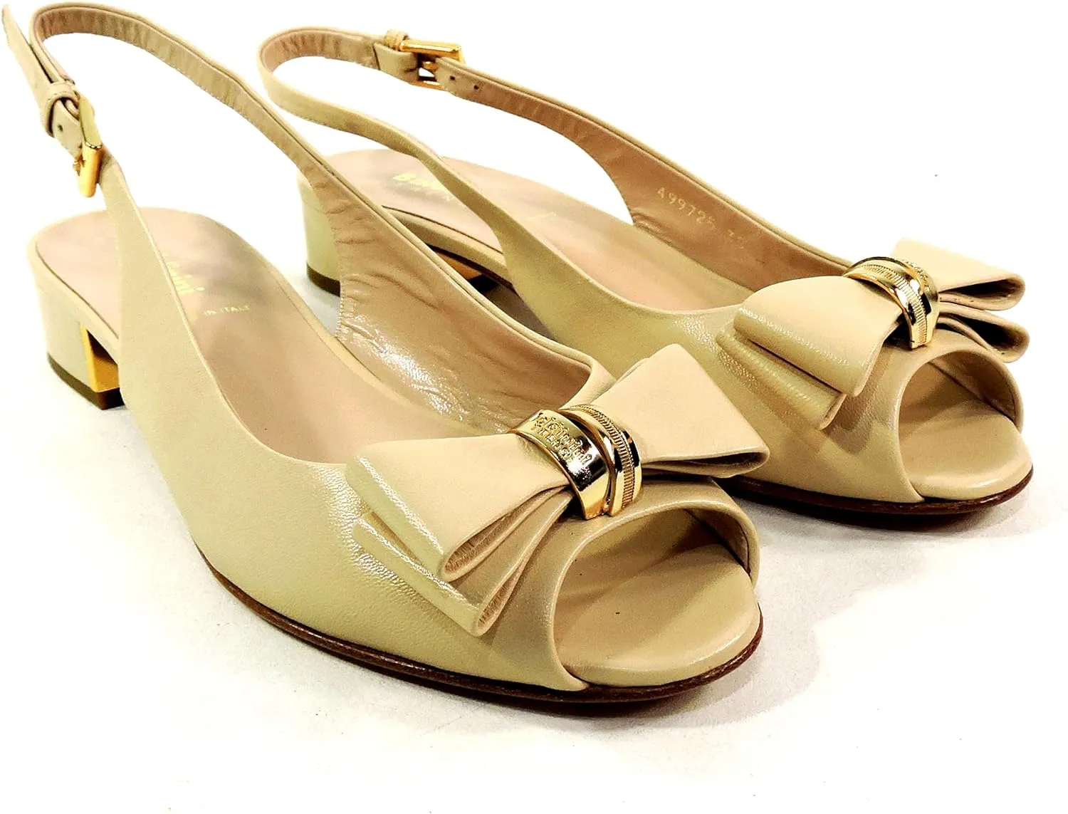 Baldinini Women's Beige Patent Leather Slingback Sandals, Bow Detail, Low Block Heel