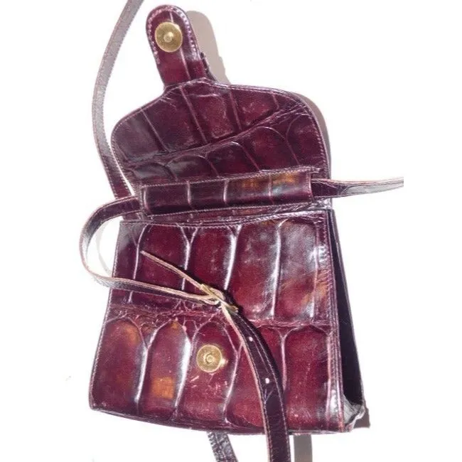 Bally Vintage Pursesdesigner Purses Crocodile Embossed Maroon Leather Cross Body Bag