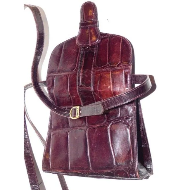 Bally Vintage Pursesdesigner Purses Crocodile Embossed Maroon Leather Cross Body Bag