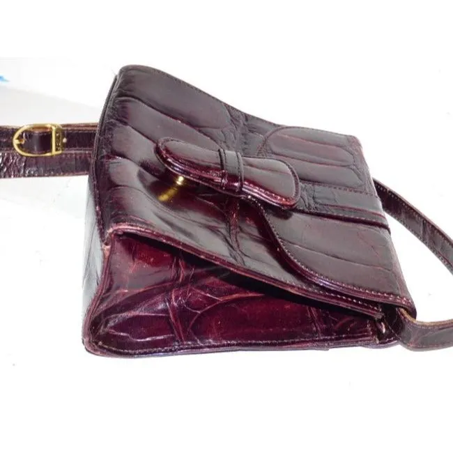 Bally Vintage Pursesdesigner Purses Crocodile Embossed Maroon Leather Cross Body Bag