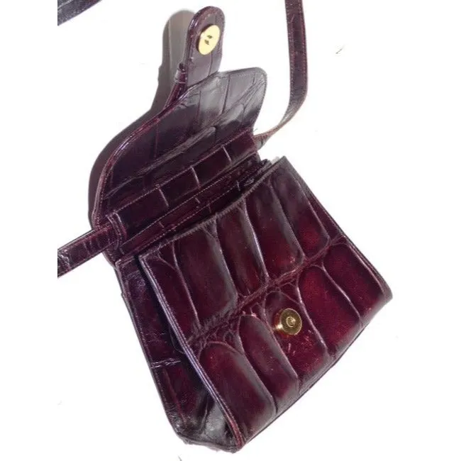 Bally Vintage Pursesdesigner Purses Crocodile Embossed Maroon Leather Cross Body Bag