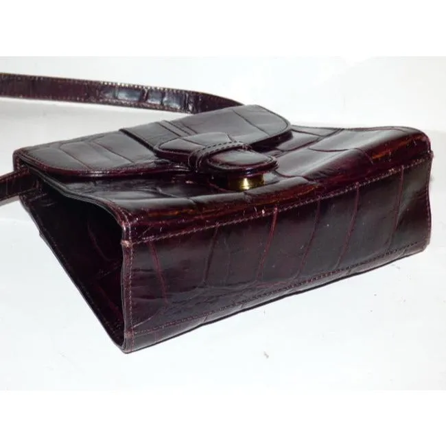Bally Vintage Pursesdesigner Purses Crocodile Embossed Maroon Leather Cross Body Bag