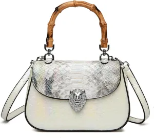 Bamboo Handle Purse for Woman Retro Ostrich Embossed PU Leather Handbag Stylish Purses Top Handle Satchel Bag