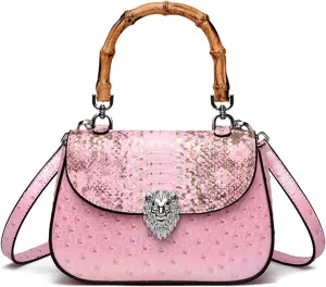 Bamboo Handle Purse for Woman Retro Ostrich Embossed PU Leather Handbag Stylish Purses Top Handle Satchel Bag