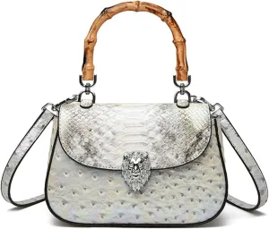 Bamboo Handle Purse for Woman Retro Ostrich Embossed PU Leather Handbag Stylish Purses Top Handle Satchel Bag
