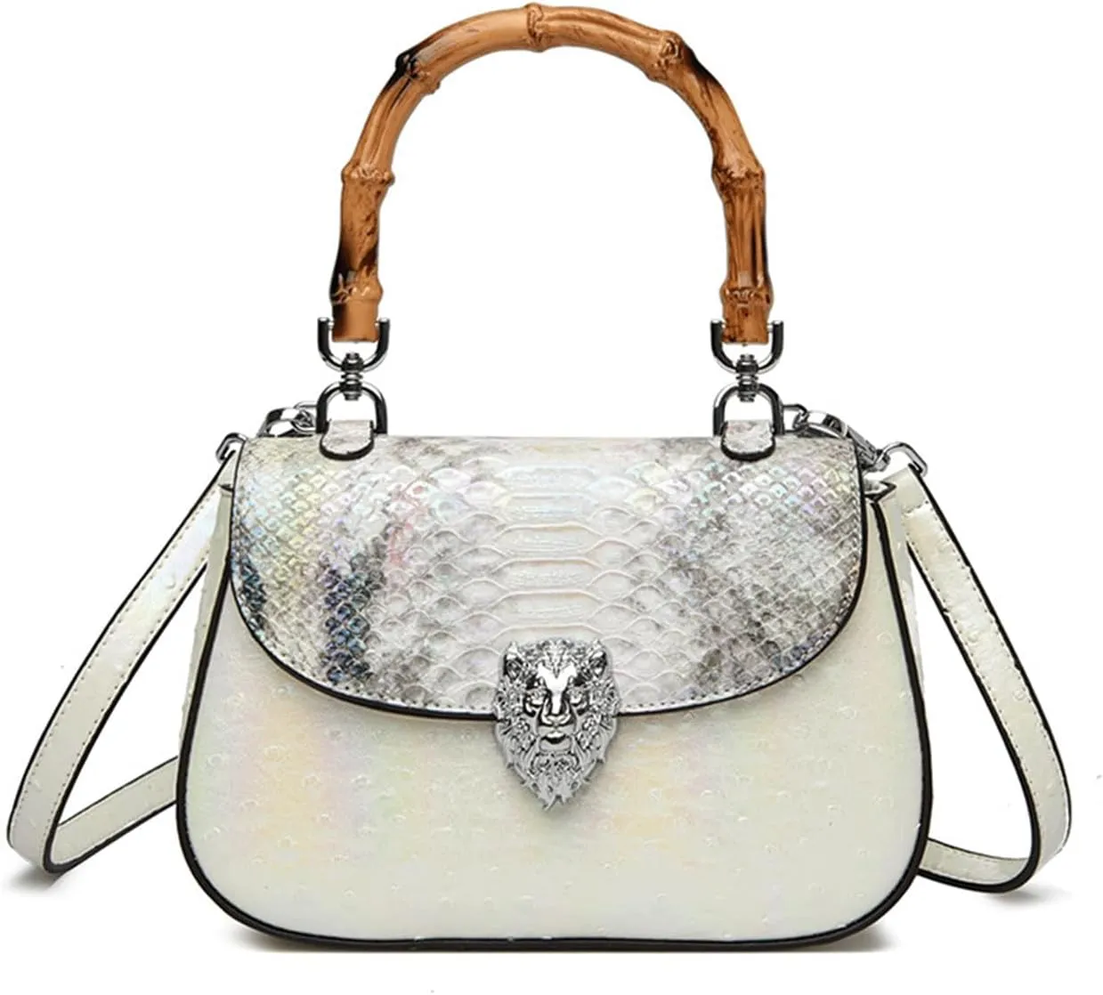 Bamboo Handle Purse for Woman Retro Ostrich Embossed PU Leather Handbag Stylish Purses Top Handle Satchel Bag