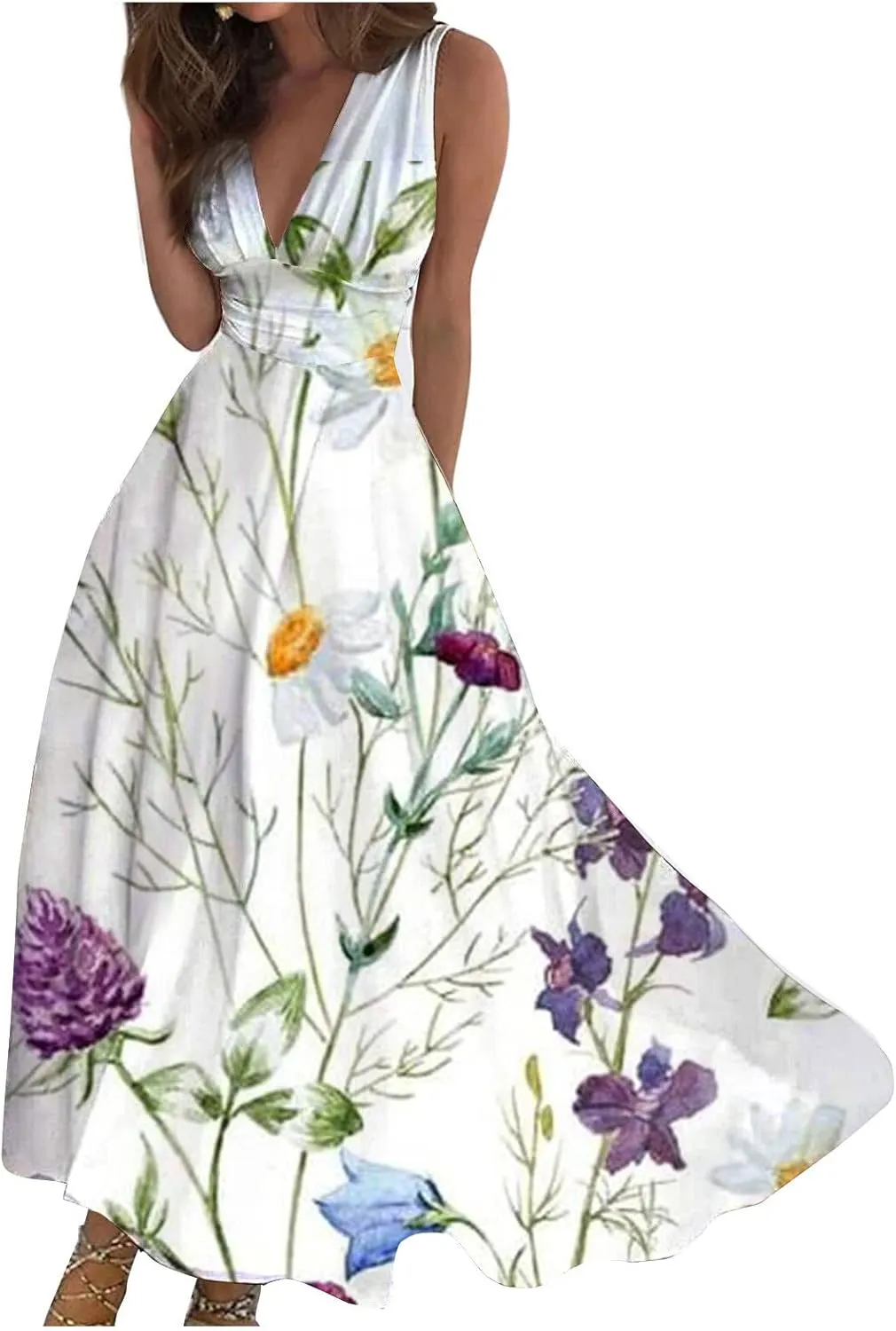 Beach Dresses for Women,Spring Summer Trendy Elegant V Neck Wrap Floral Boho Dress Flowy Ruched Hawaiian Maxi Dress