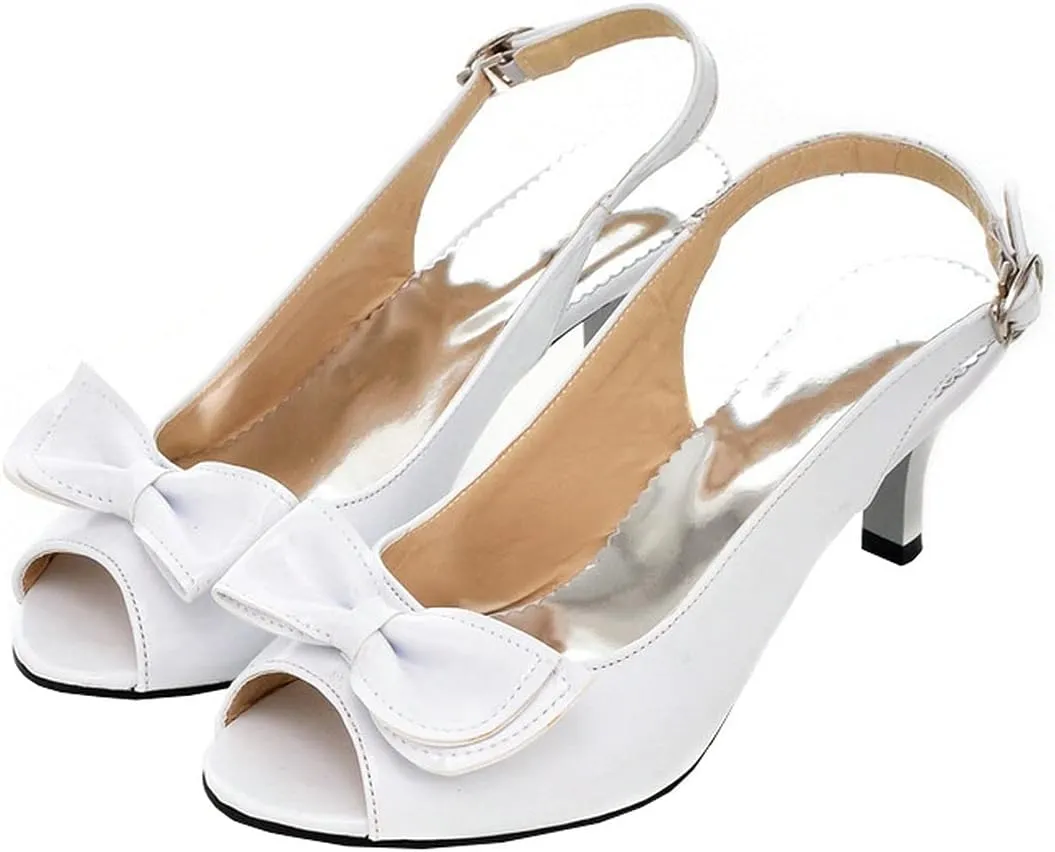 BEAUPAS Women's Peep Toe Slingback Kitten Heel Patent Pumps with Bow Buckle Cute Shoes