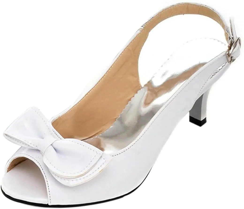 BEAUPAS Women's Peep Toe Slingback Kitten Heel Patent Pumps with Bow Buckle Cute Shoes
