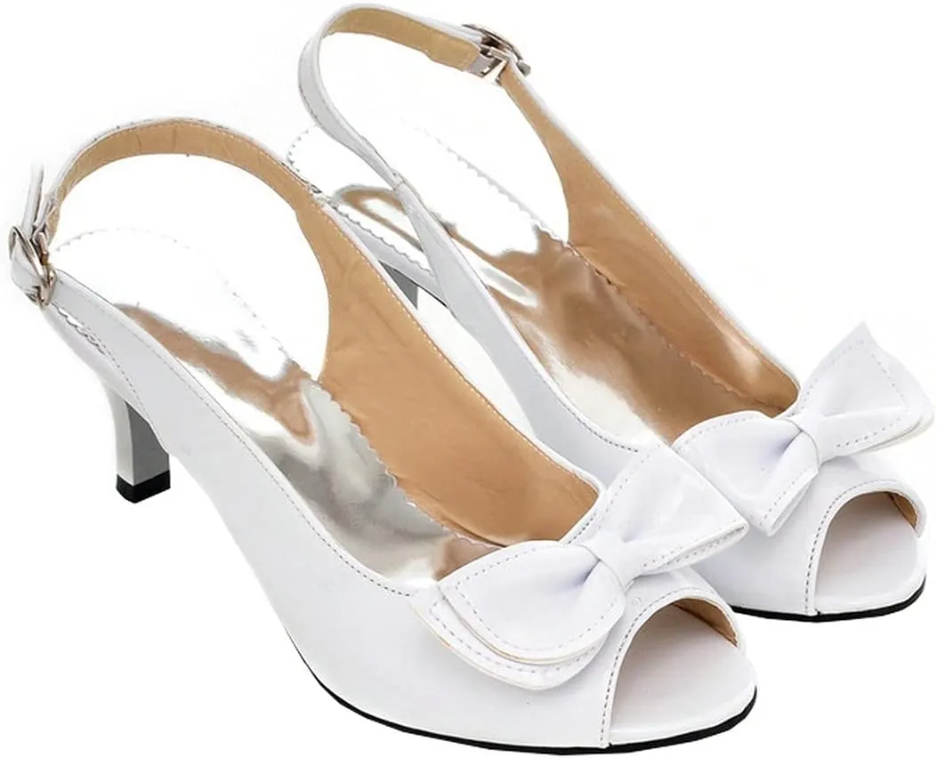 BEAUPAS Women's Peep Toe Slingback Kitten Heel Patent Pumps with Bow Buckle Cute Shoes