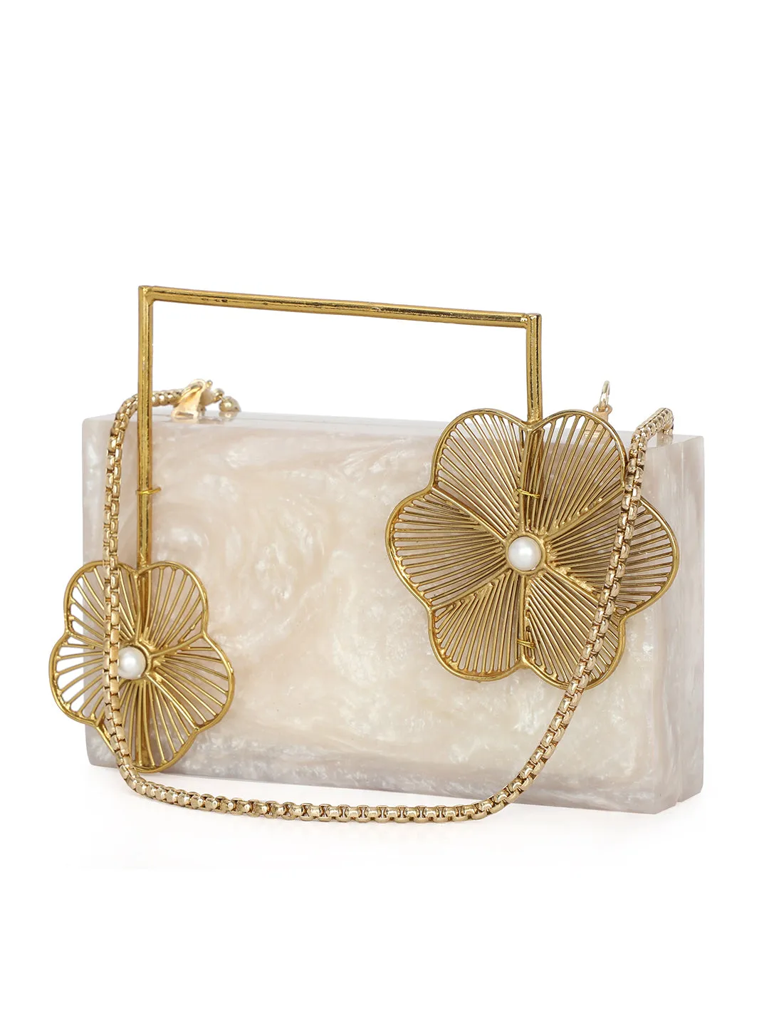 Beige Solid Party Box Clutches With Attractive Brass Handle