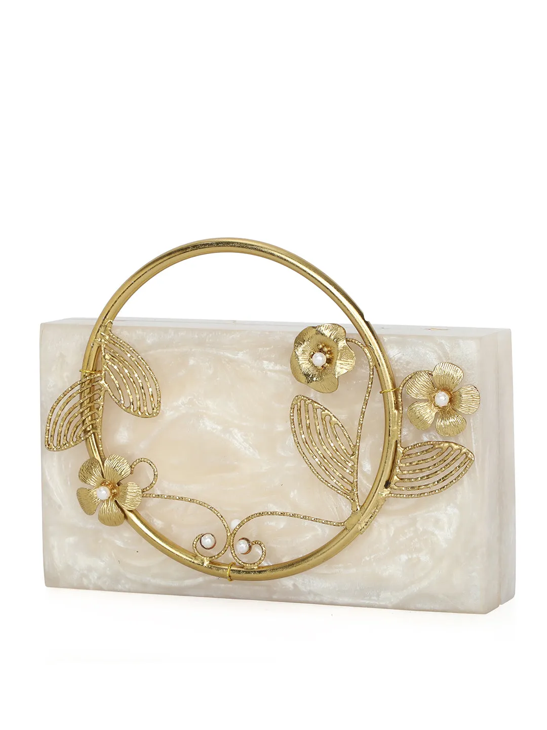 Beige Solid Party Box Clutches With Attractive Brass Handle
