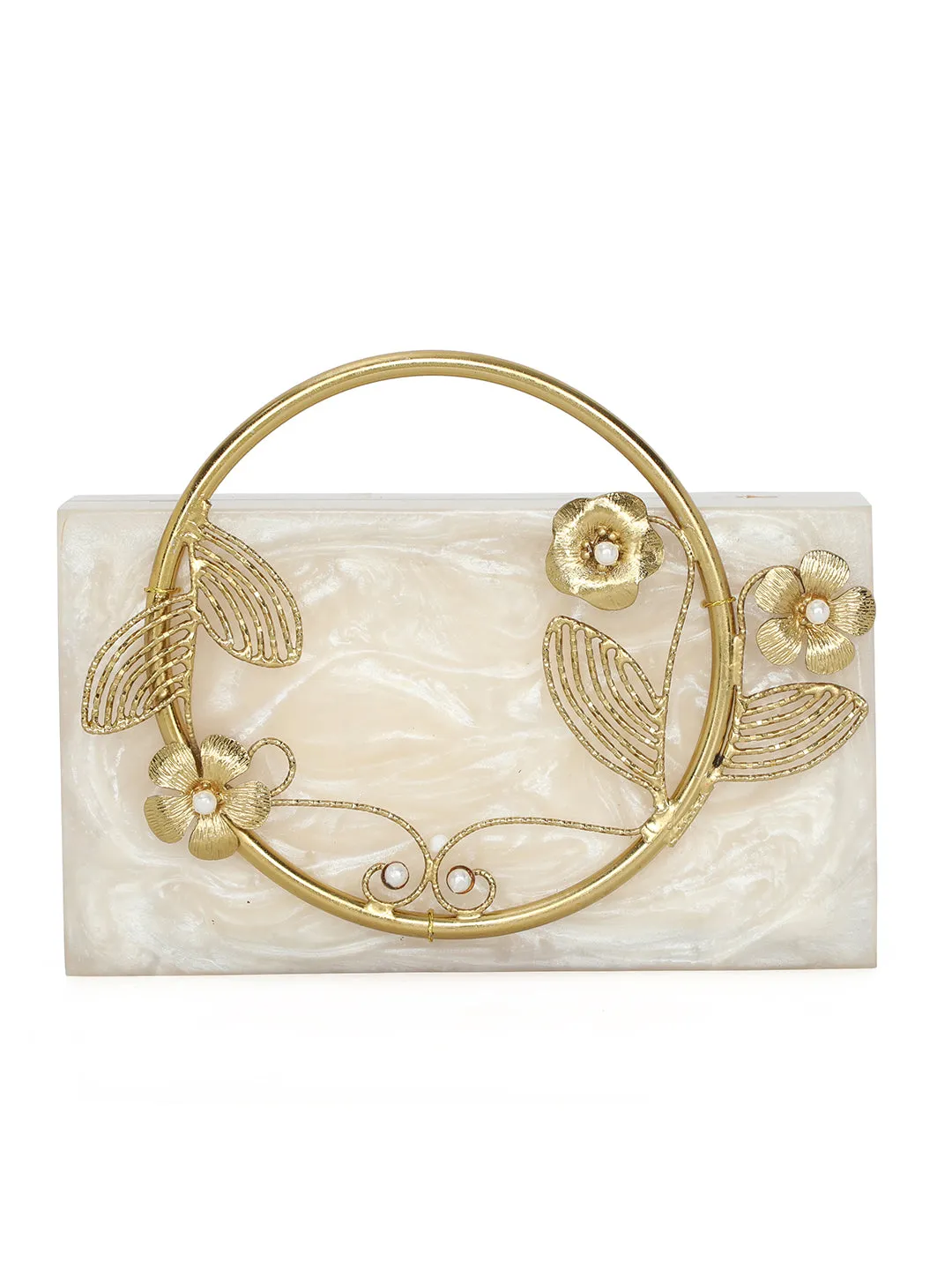 Beige Solid Party Box Clutches With Attractive Brass Handle