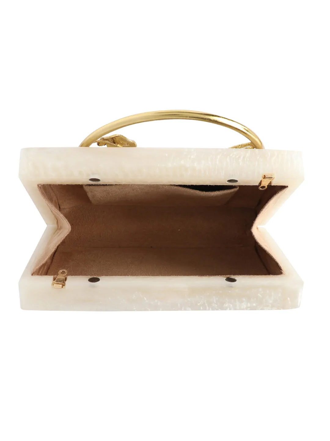 Beige Solid Party Box Clutches With Attractive Brass Handle