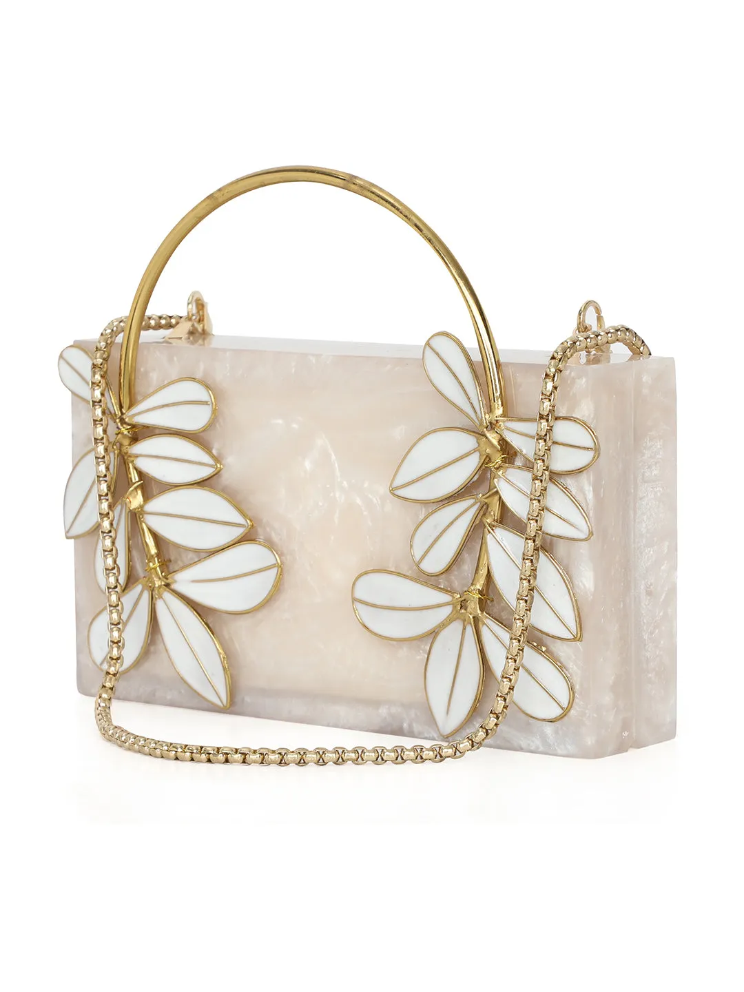 Beige Solid Party Box Clutches With Attractive Brass Handle