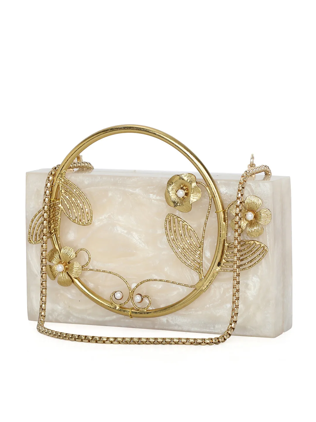 Beige Solid Party Box Clutches With Attractive Brass Handle