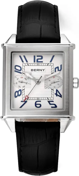 BERNY Square Watches for Men Quartz Watch Rectangular Calendar Leather Strap Watch