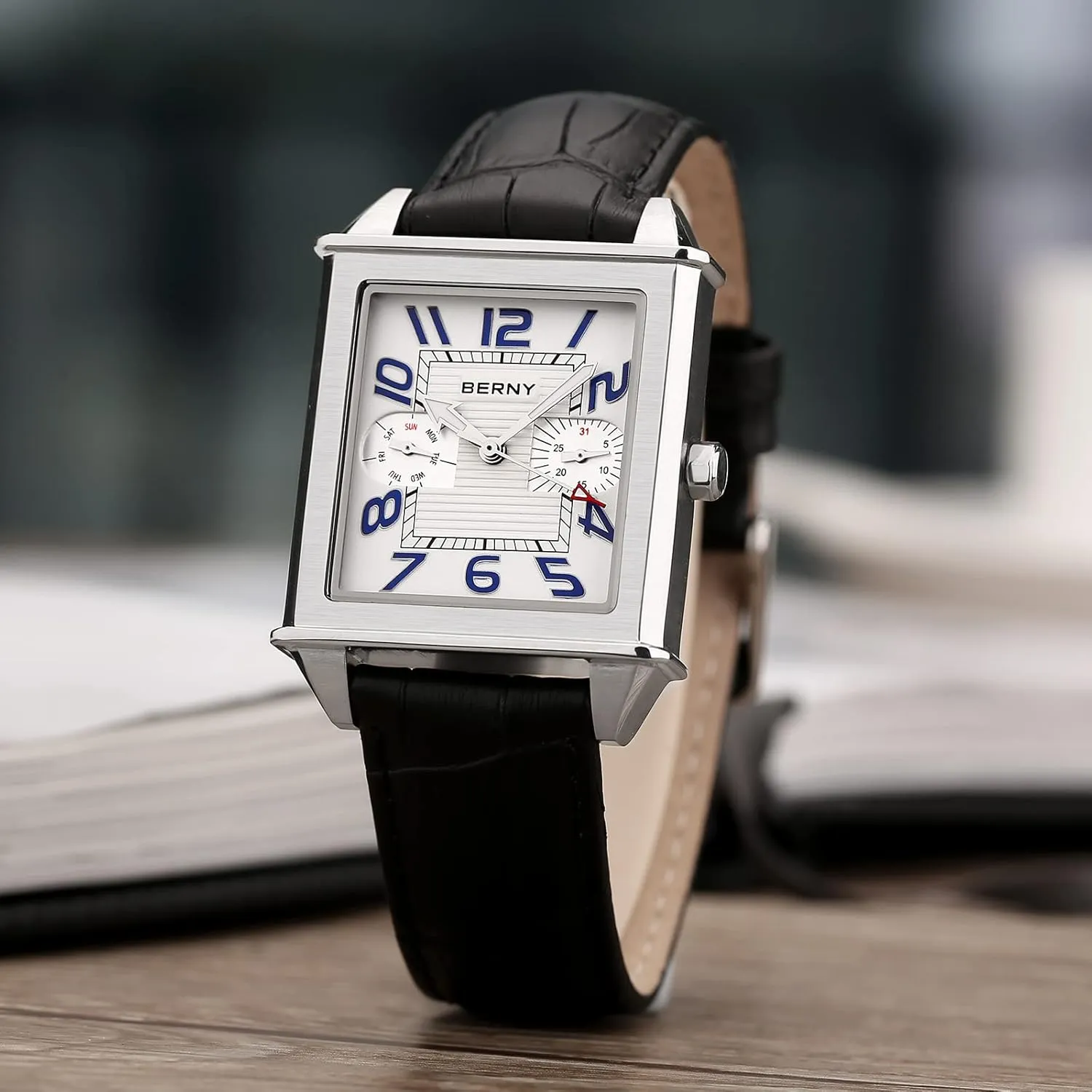 BERNY Square Watches for Men Quartz Watch Rectangular Calendar Leather Strap Watch