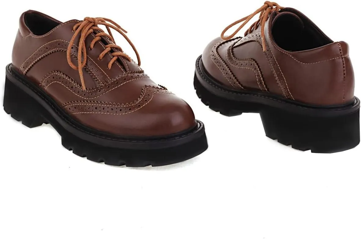 Betastella Women's Patent Leather Oxfords Chunky Heels Lace Up Brogue Shoes