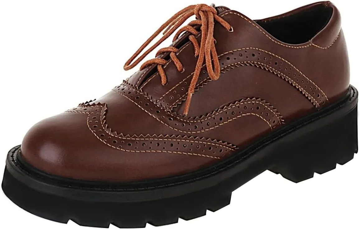 Betastella Women's Patent Leather Oxfords Chunky Heels Lace Up Brogue Shoes