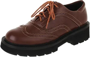Betastella Women's Patent Leather Oxfords Chunky Heels Lace Up Brogue Shoes