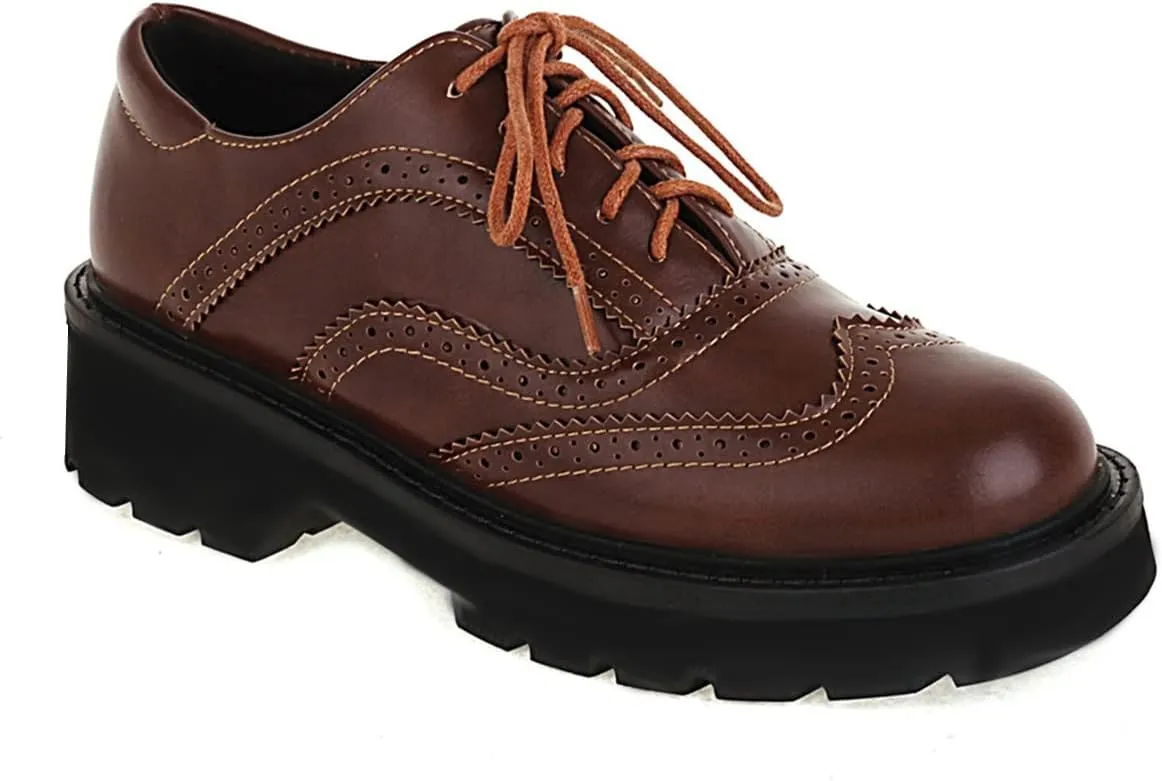 Betastella Women's Patent Leather Oxfords Chunky Heels Lace Up Brogue Shoes