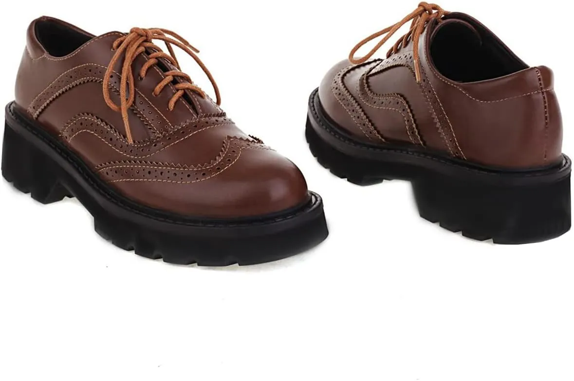 Betastella Women's Patent Leather Oxfords Chunky Heels Lace Up Brogue Shoes