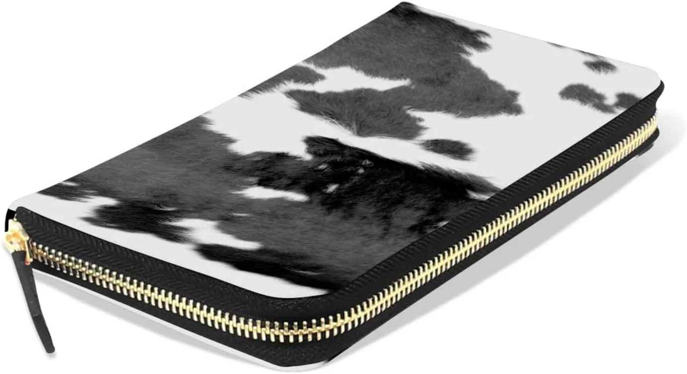Black Cow Fur Skin Animal Texture on White Leather Long Wallet Organizer with Zipper Purse Clutch Bag for Women Men Key Card Coin Passport Checkbook 8 x 4 inch