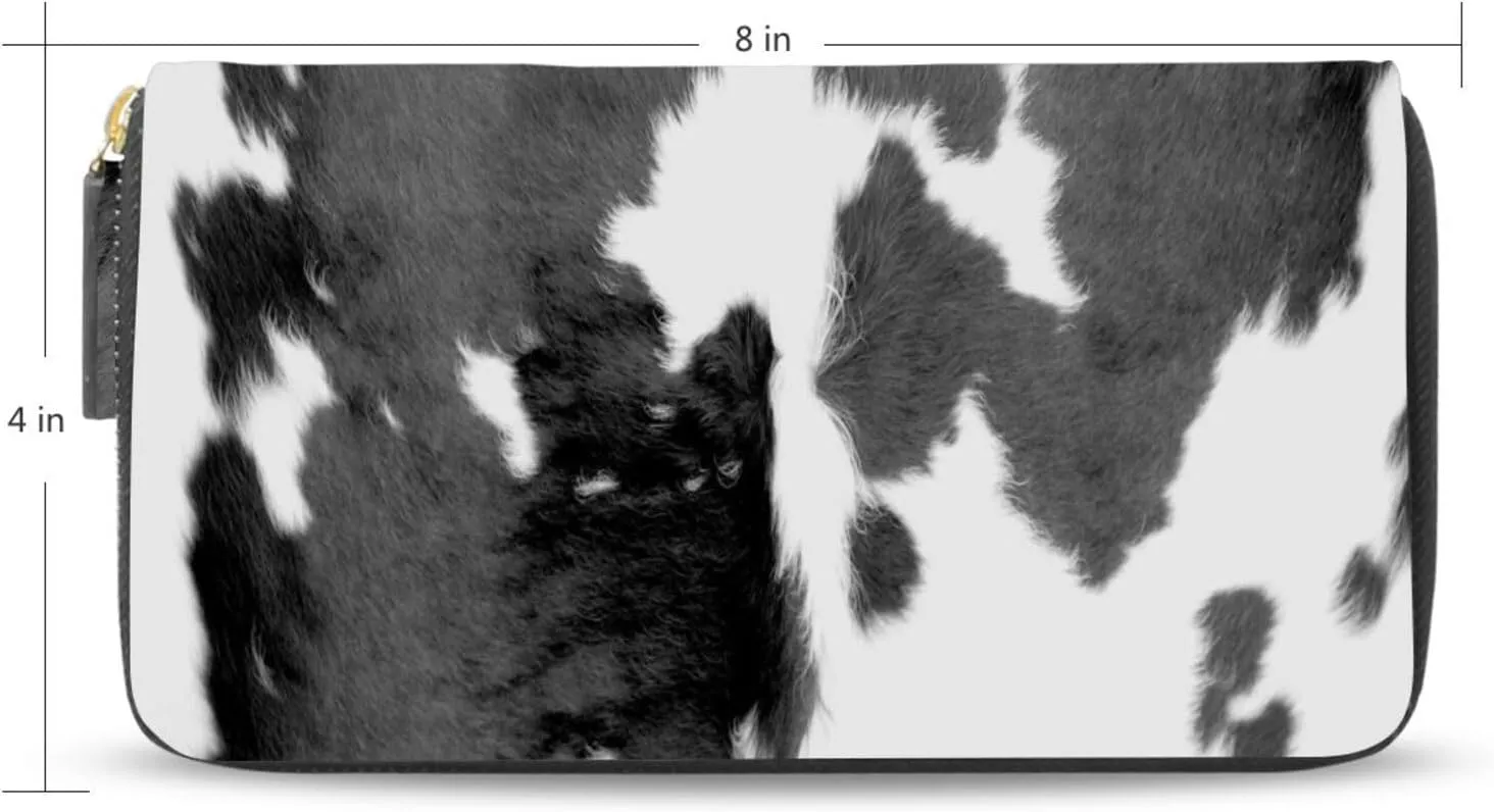 Black Cow Fur Skin Animal Texture on White Leather Long Wallet Organizer with Zipper Purse Clutch Bag for Women Men Key Card Coin Passport Checkbook 8 x 4 inch