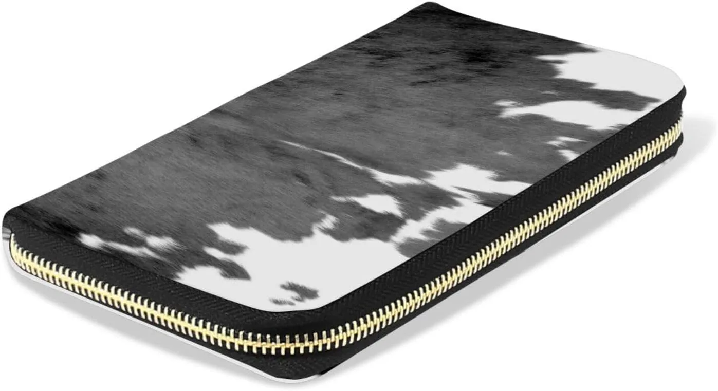 Black Cow Fur Skin Animal Texture on White Leather Long Wallet Organizer with Zipper Purse Clutch Bag for Women Men Key Card Coin Passport Checkbook 8 x 4 inch