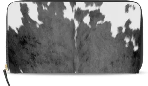 Black Cow Fur Skin Animal Texture on White Leather Long Wallet Organizer with Zipper Purse Clutch Bag for Women Men Key Card Coin Passport Checkbook 8 x 4 inch