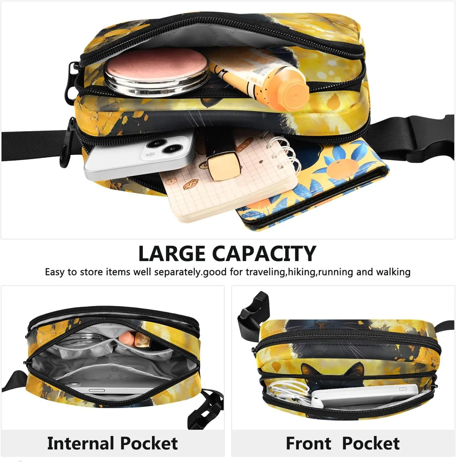 Black Cute Cat Yellow Forest Fanny Packs Women Waterproof Belt Bag Hip Pouch Cute Travel Waist Bag