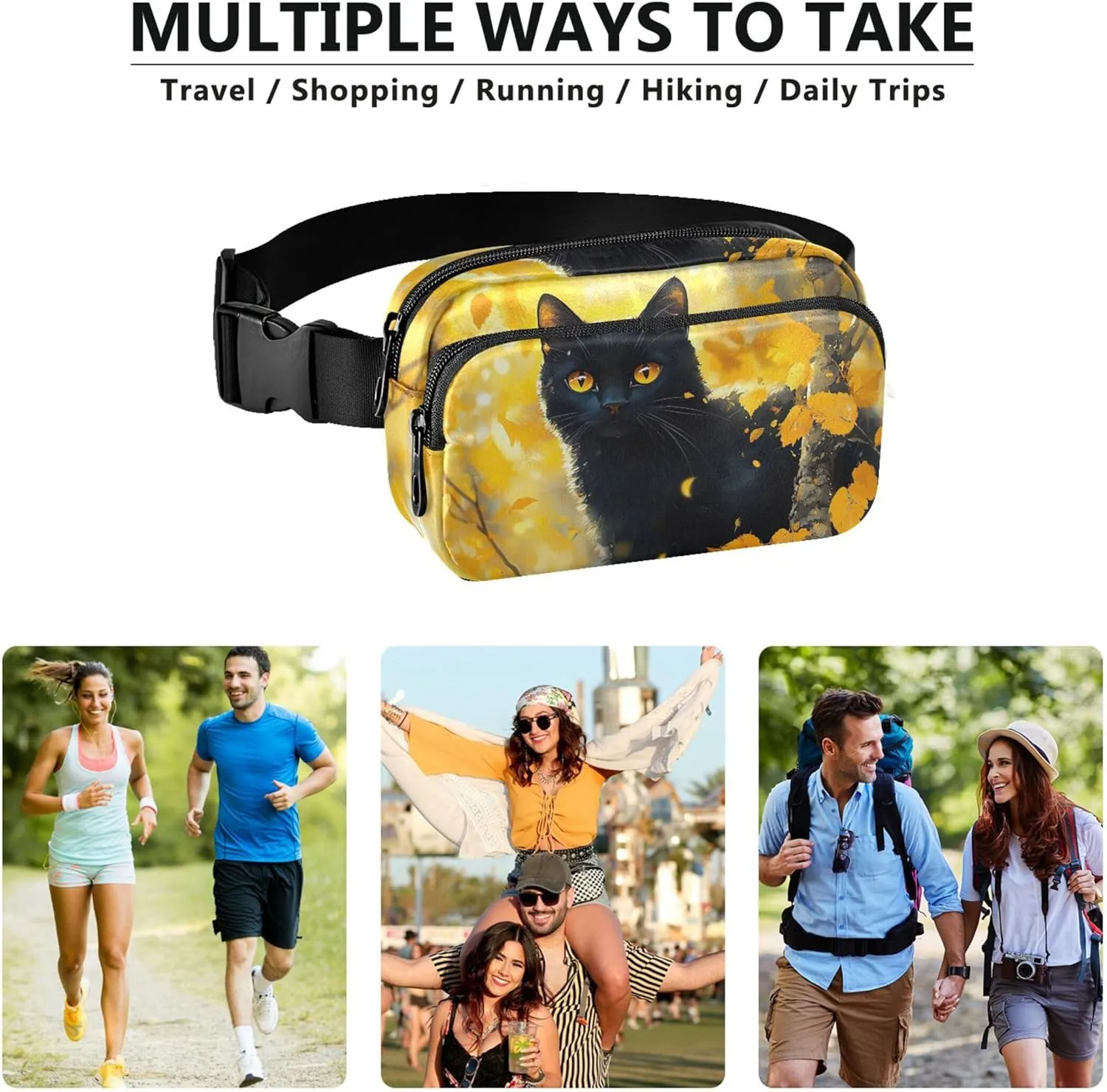Black Cute Cat Yellow Forest Fanny Packs Women Waterproof Belt Bag Hip Pouch Cute Travel Waist Bag
