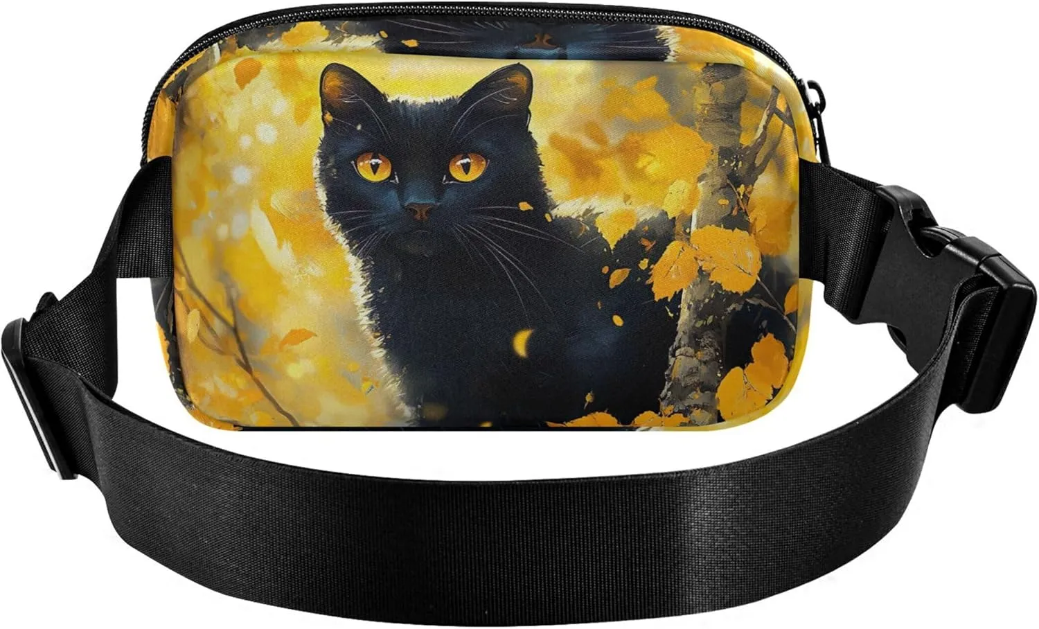 Black Cute Cat Yellow Forest Fanny Packs Women Waterproof Belt Bag Hip Pouch Cute Travel Waist Bag
