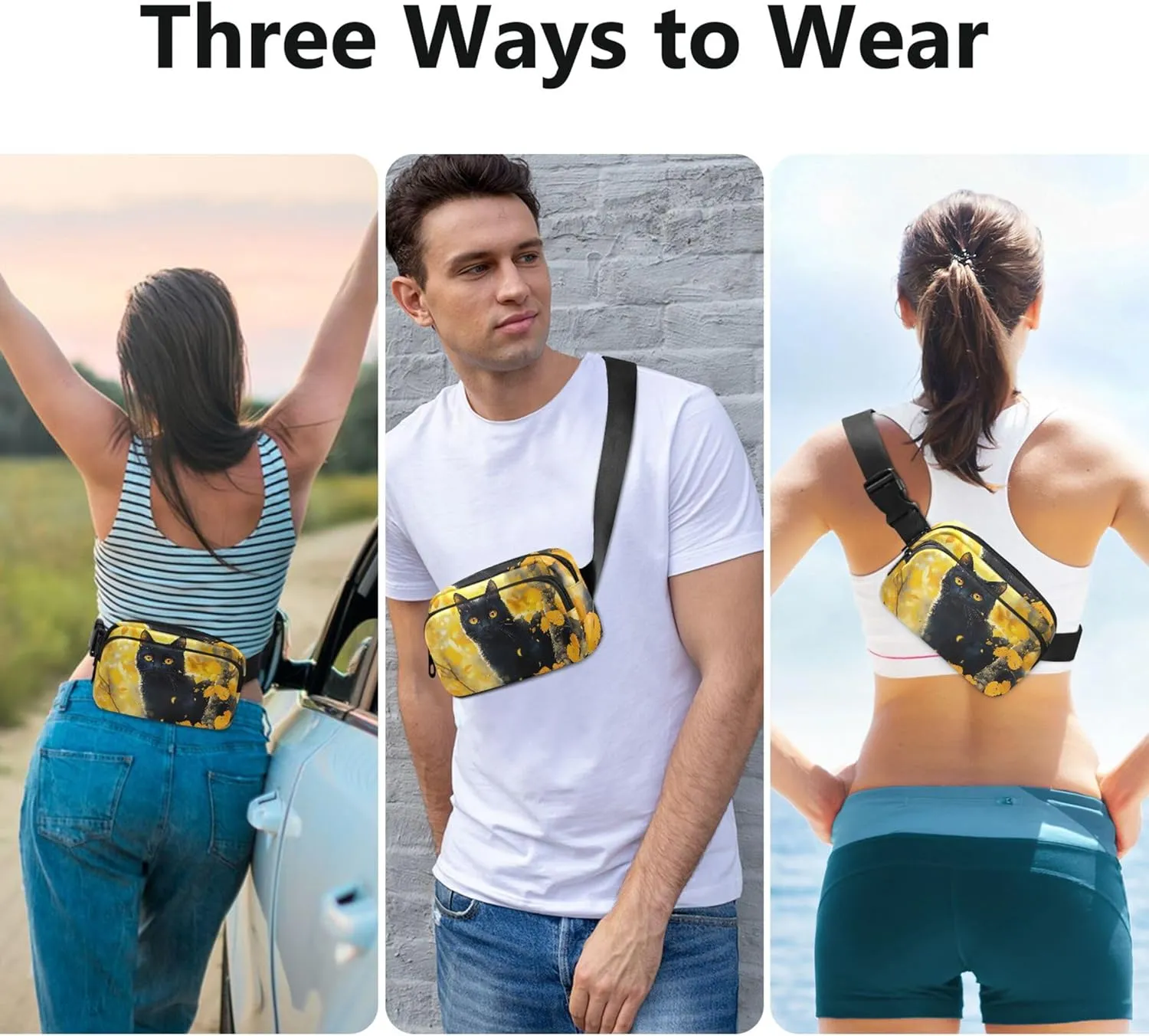 Black Cute Cat Yellow Forest Fanny Packs Women Waterproof Belt Bag Hip Pouch Cute Travel Waist Bag