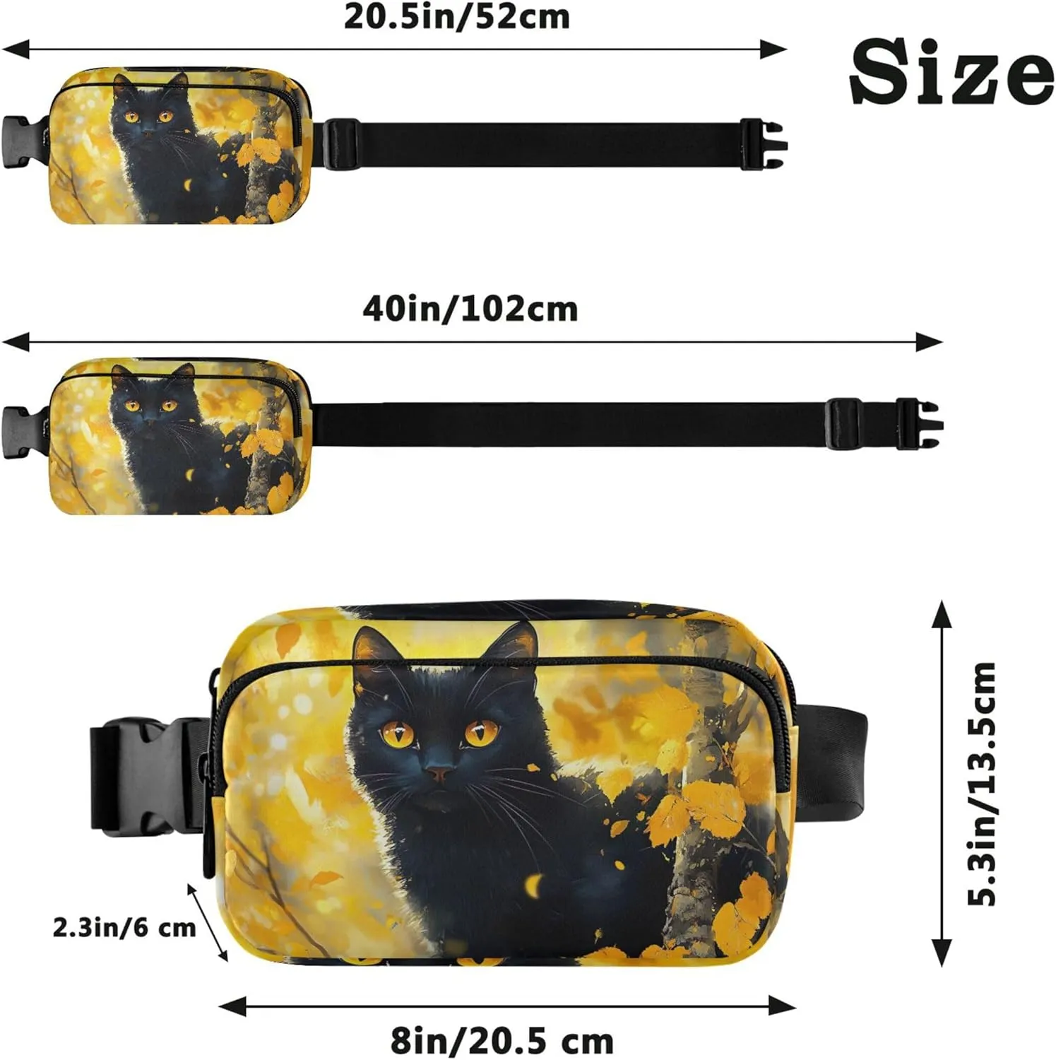 Black Cute Cat Yellow Forest Fanny Packs Women Waterproof Belt Bag Hip Pouch Cute Travel Waist Bag