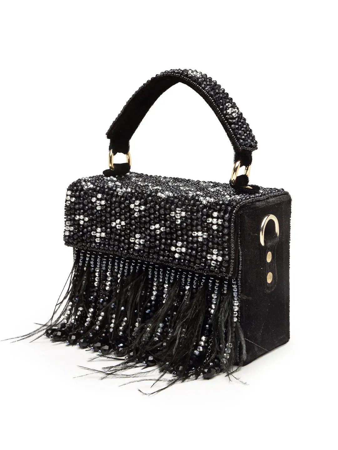 Black Feathered Box Clutch