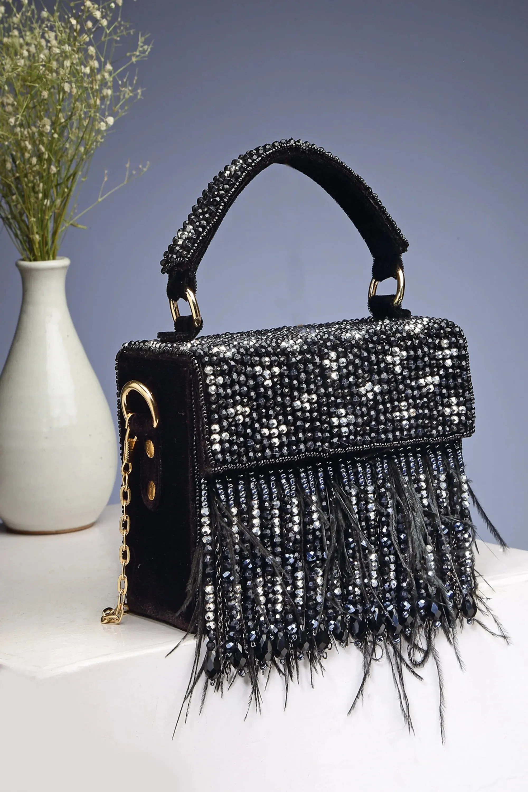 Black Feathered Box Clutch
