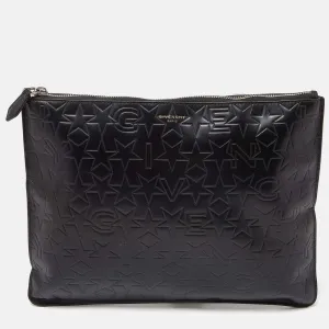 Black Star Embossed Leather Zip Clutch