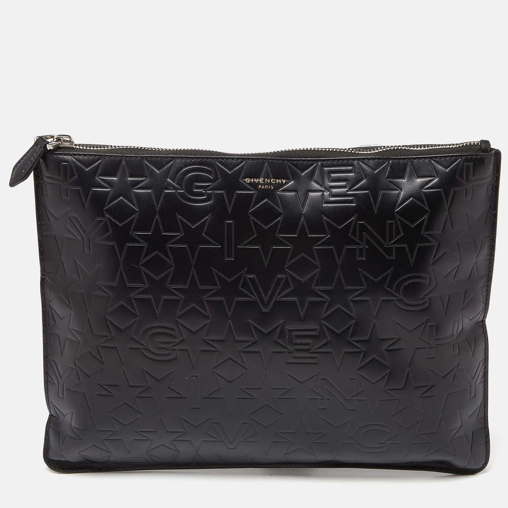 Black Star Embossed Leather Zip Clutch
