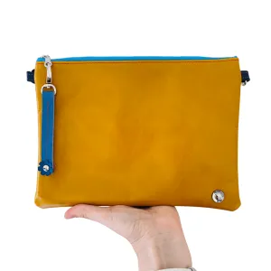 Block Colour with Fidget Flower Charm - Ochre/Navy Leather Purse Plus 