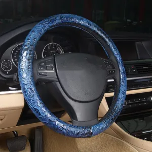 Blue Crocodile Skin Car Steering Wheel Cover, Faux Leather, Universal 15 Inches